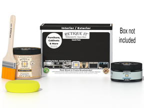 Retique It® Classic Black Brush-On Kit shown with the Classic Black Multipurpose Kit box, brush, Light Wood primer, Classic Black Gel Stain Alternative, and a yellow sponge.