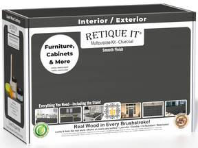 Retique It® Charcoal Brush-On Multipurpose Kit box featuring a charcoal finish and project examples for furniture, cabinets, doors, decks, and more.