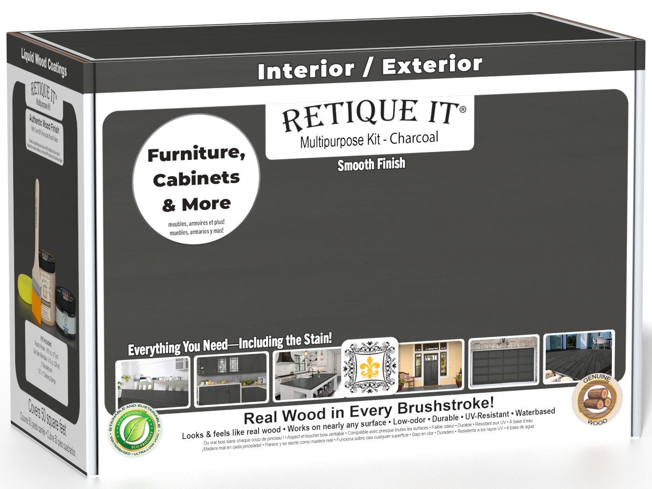 Retique It® Charcoal Brush-On Multipurpose Kit box featuring a charcoal finish and project examples for furniture, cabinets, doors, decks, and more.
