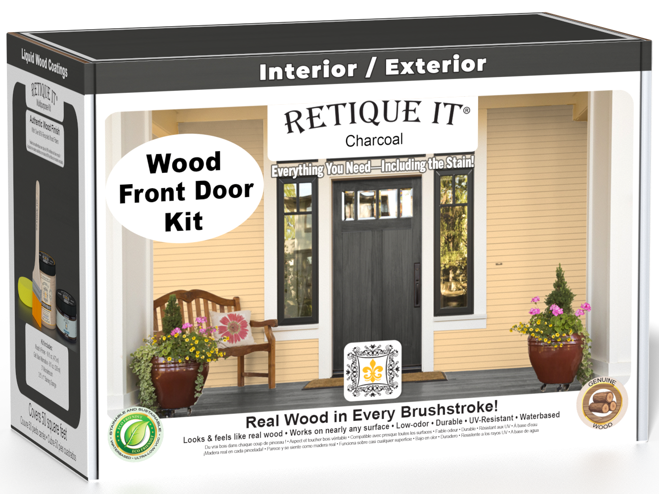 Retique It Wood'n Door Smooth Finish Kit in Charcoal stain applied to a front door with a sleek, modern look.
