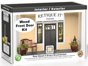 Retique It Wood'n Door Smooth Finish Kit in Charcoal stain applied to a front door with a sleek, modern look.