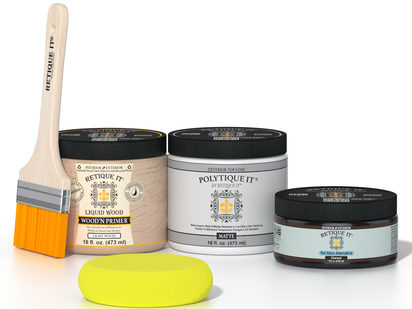 Retique It® Charcoal Brush-On Kit with Matte PolyTique® includes a brush, Light Wood primer, Charcoal Gel Stain Alternative, Matte PolyTique® top coat, and a yellow sponge.