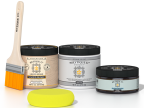 Retique It® Charcoal Brush-On Kit with Matte PolyTique® includes a brush, Light Wood primer, Charcoal Gel Stain Alternative, Matte PolyTique® top coat, and a yellow sponge.