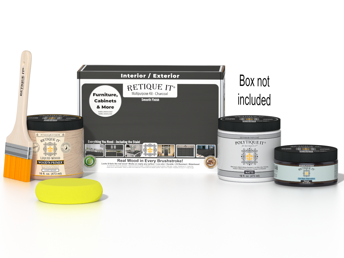 Retique It® Charcoal Brush-On Kit shown with the Charcoal Multipurpose Kit box, brush, Light Wood primer, Charcoal Gel Stain Alternative, Matte PolyTique® top coat, and a yellow sponge.