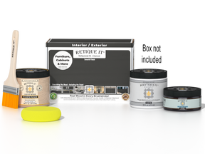 Retique It® Charcoal Brush-On Kit shown with the Charcoal Multipurpose Kit box, brush, Light Wood primer, Charcoal Gel Stain Alternative, Matte PolyTique® top coat, and a yellow sponge.