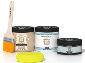 Retique It® Charcoal Brush-On Kit with Matte TripleTique® includes a brush, Light Wood primer, Charcoal Gel Stain Alternative, Matte TripleTique® top coat, and a yellow sponge.
