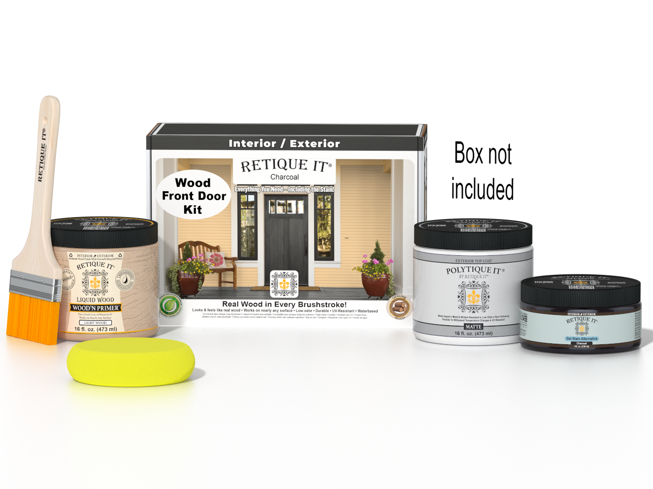 Retique It Wood'n Door Charcoal stain kit with smooth finish, shown in front door application, includes stain bottles and applicator tools.