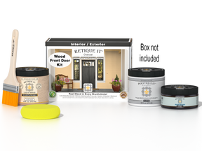 Retique It Wood'n Door Charcoal stain kit with smooth finish, shown in front door application, includes stain bottles and applicator tools.