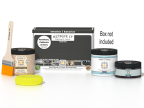 Retique It® Charcoal Brush-On Kit shown with the Charcoal Multipurpose Kit box, brush, Light Wood primer, Charcoal Gel Stain Alternative, Matte TripleTique® top coat, and a yellow sponge.