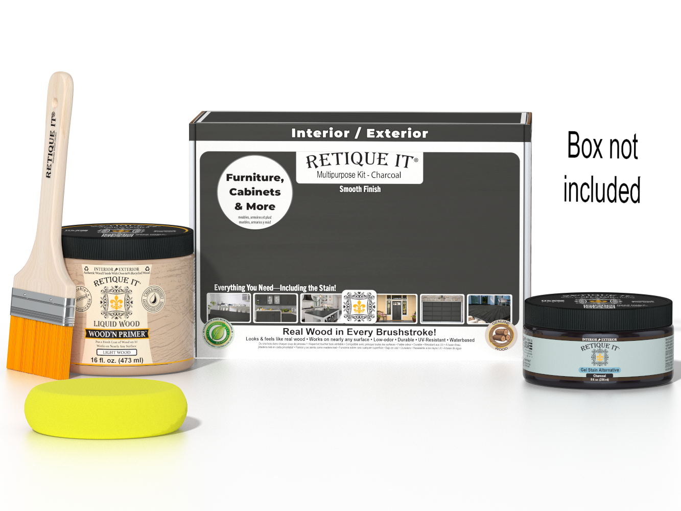 Retique It® Charcoal Brush-On Kit shown with the Charcoal Multipurpose Kit box, brush, Light Wood primer, Charcoal Gel Stain Alternative, and a yellow sponge.