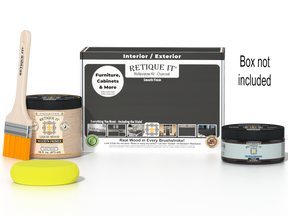 Retique It® Charcoal Brush-On Kit shown with the Charcoal Multipurpose Kit box, brush, Light Wood primer, Charcoal Gel Stain Alternative, and a yellow sponge.