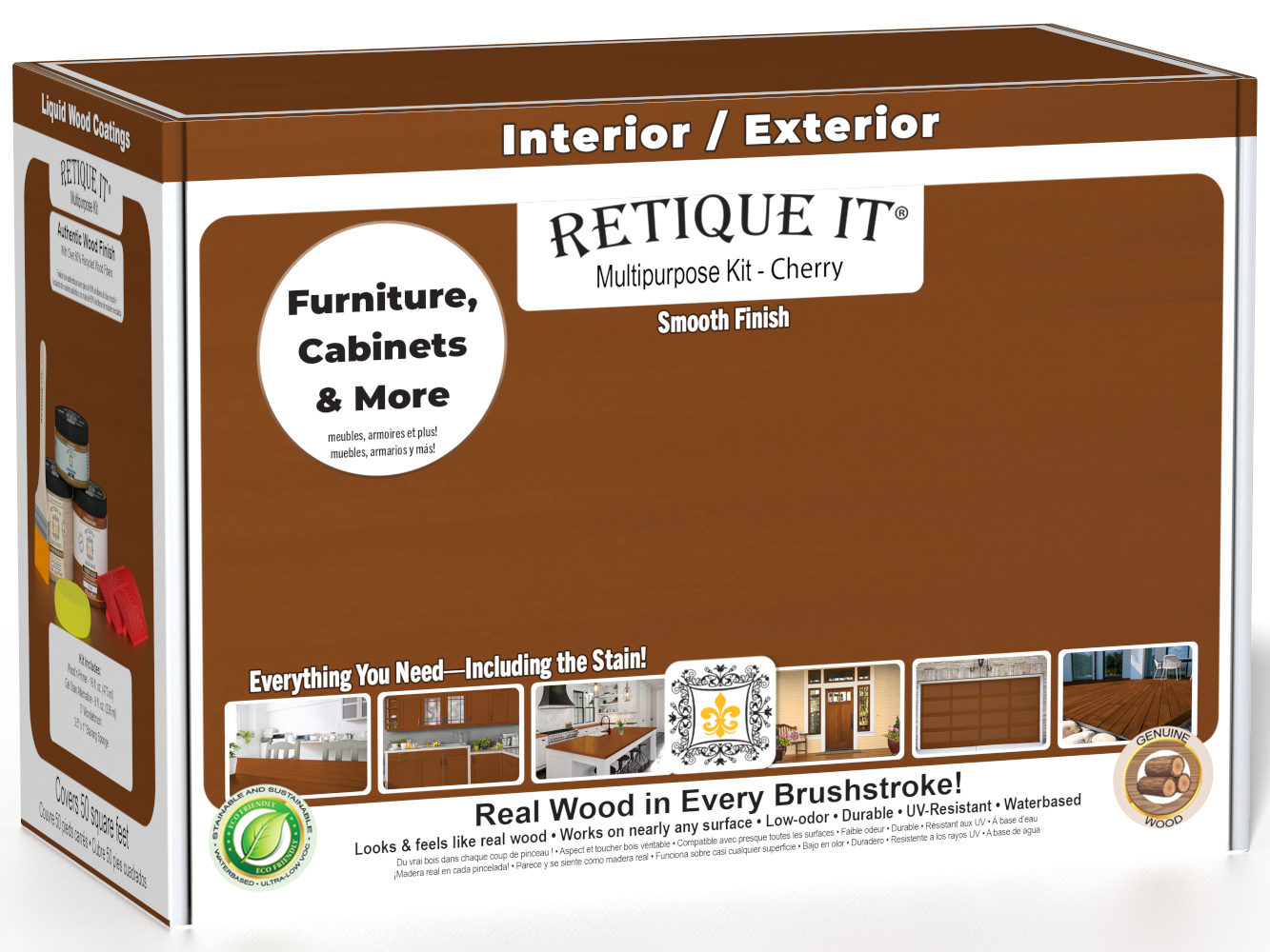 Retique It® Cherry Brush-On Multipurpose Kit box featuring a cherry wood finish and project examples for furniture, cabinets, doors, decks, and more.
