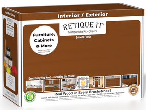 Retique It® Cherry Brush-On Multipurpose Kit box featuring a cherry wood finish and project examples for furniture, cabinets, doors, decks, and more.
