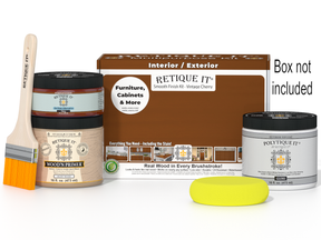 Retique It Wood'n Finish Kit in Vintage Cherry for exterior wood projects, featuring multi-purpose top coat and application tools.