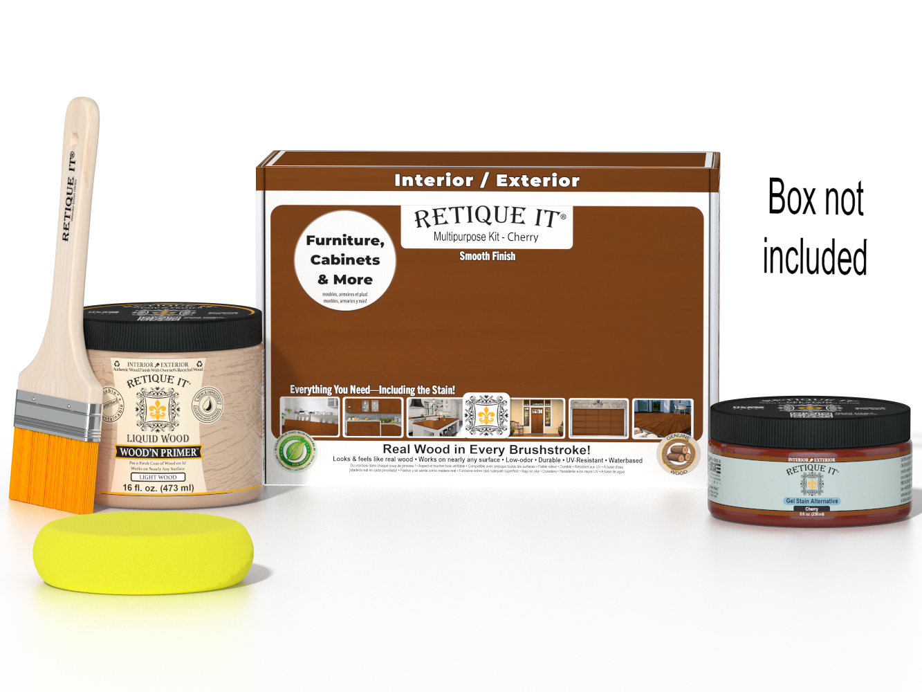 Retique It® Cherry Brush-On Kit shown with the Cherry Multipurpose Kit box, brush, Light Wood primer, Cherry Gel Stain Alternative, and a yellow sponge.