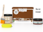 Retique It® Cherry Brush-On Kit shown with the Cherry Multipurpose Kit box, brush, Light Wood primer, Cherry Gel Stain Alternative, and a yellow sponge.