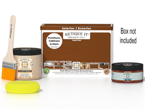 Retique It® Cherry Brush-On Kit shown with the Cherry Multipurpose Kit box, brush, Light Wood primer, Cherry Gel Stain Alternative, and a yellow sponge.