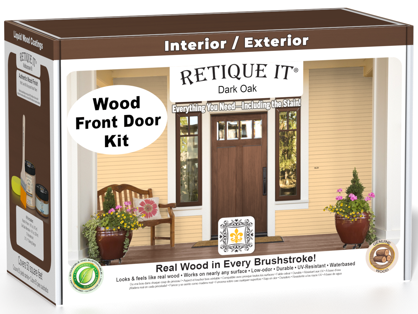 Retique It Wood'n Door smooth finish kit for dark oak doors, showcasing the stain application and rich wood tone.
