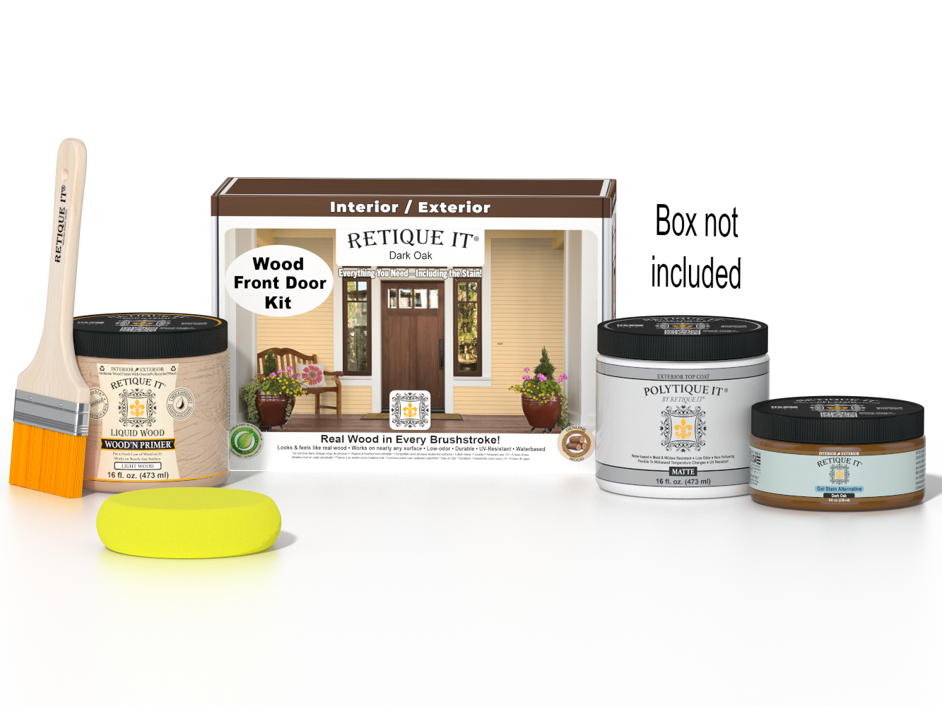 Retique It Wood'n Door Smooth Finish Kit in Dark Oak stain shown on front door with dark oak wood texture.