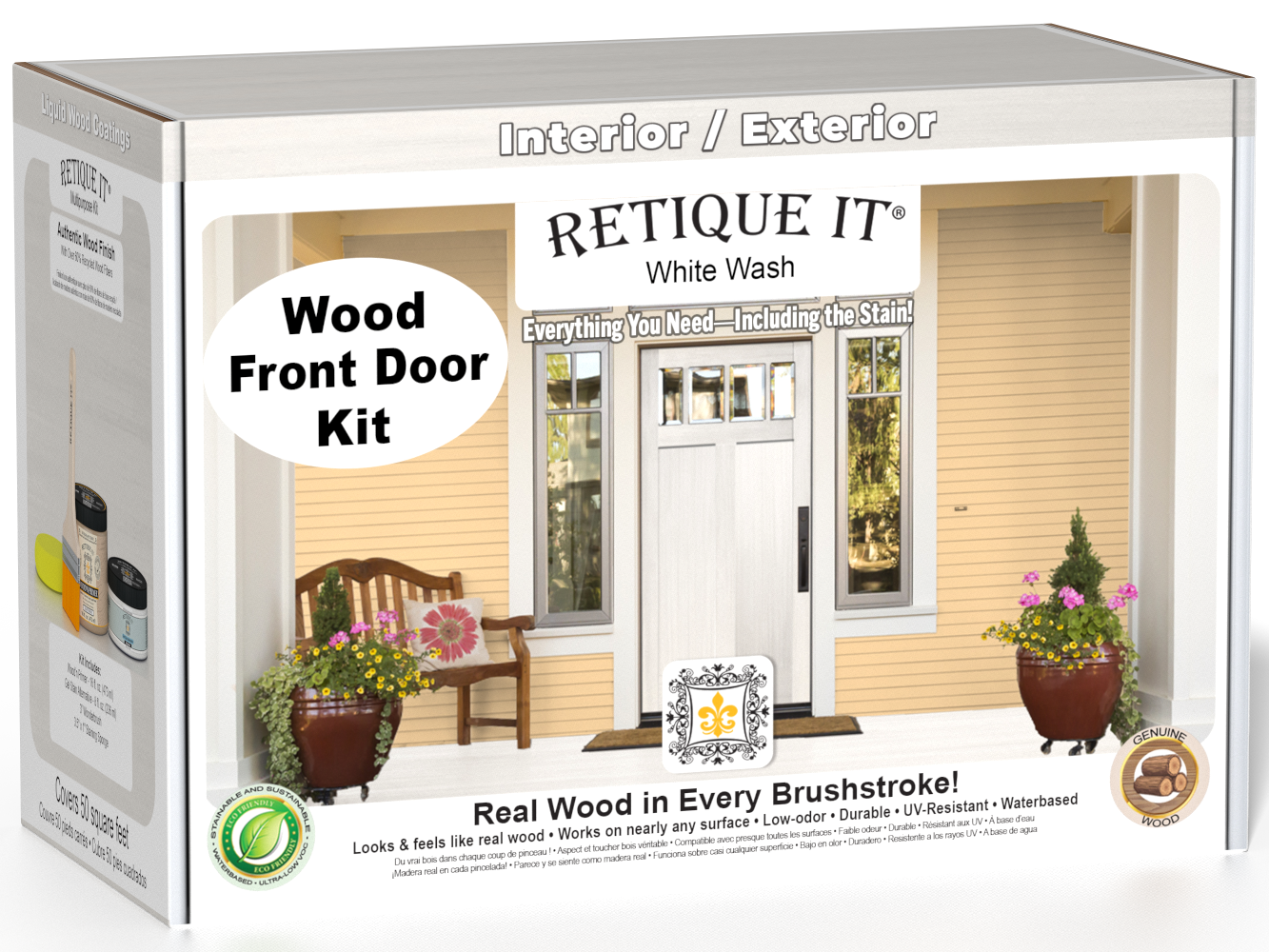 Retique It Wood'n Door smooth finish kit in white wash stain, showcasing a finished front door with a light, natural wood appearance.