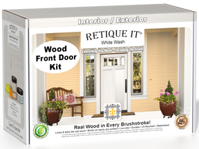 Retique It Wood'n Door smooth finish kit in white wash stain, showcasing a finished front door with a light, natural wood appearance.