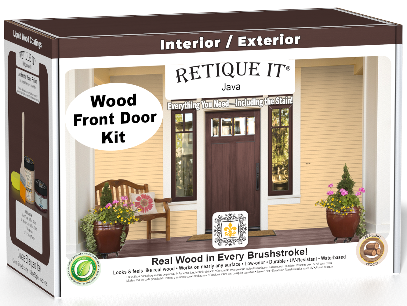 Retique It Wood'n Door Smooth Finish Kit in Java stain, featuring a front door with a rich, smooth Java wood finish.