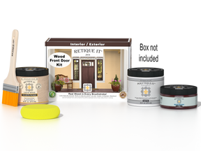 Retique It Wood'n Door Java stain kit featuring smooth finish applied to a front door with packaging visible.
