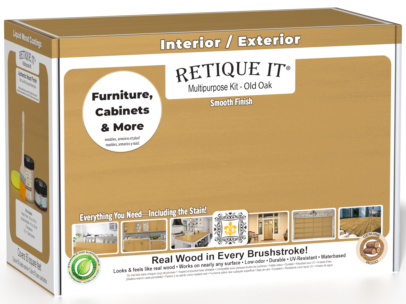 Retique It® Old Oak Brush-On Multipurpose Kit box featuring an Old Oak finish and project examples for furniture, cabinets, doors, decks, and more.