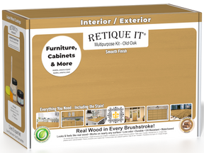 Retique It® Old Oak Brush-On Multipurpose Kit box featuring an Old Oak finish and project examples for furniture, cabinets, doors, decks, and more.