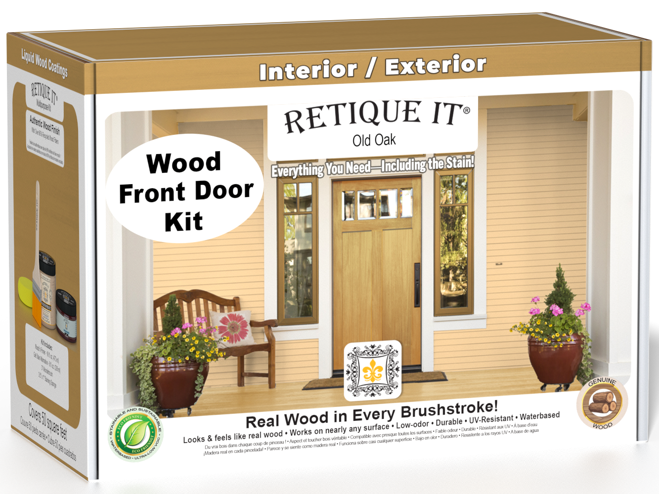 Retique It Wood'n Door Old Oak stain kit showing a smooth finished door with rich oak color and natural wood grain detail.