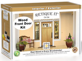 Retique It Wood'n Door Old Oak stain kit showing a smooth finished door with rich oak color and natural wood grain detail.
