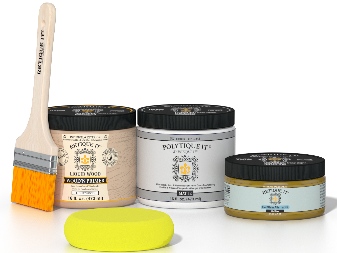 Retique It® Old Oak Brush-On Kit with Matte PolyTique® includes a brush, Light Wood primer, Old Oak Gel Stain Alternative, Matte PolyTique® top coat, and a yellow sponge.