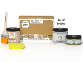 Retique It® Old Oak Brush-On Kit shown with the Old Oak Multipurpose Kit box, brush, Light Wood primer, Old Oak Gel Stain Alternative, Matte PolyTique® top coat, and a yellow sponge.