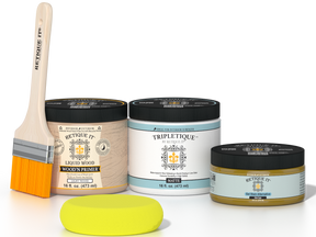 Retique It® Old Oak Brush-On Kit with Matte TripleTique® includes a brush, Light Wood primer, Old Oak Gel Stain Alternative, Matte TripleTique® top coat, and a yellow sponge.