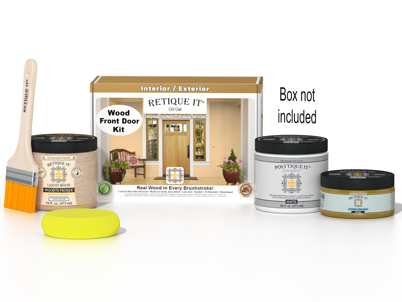 Retique It Wood'n Door Old Oak stain kit with smooth finish, shown on a front door, highlighting natural wood grain and easy application.