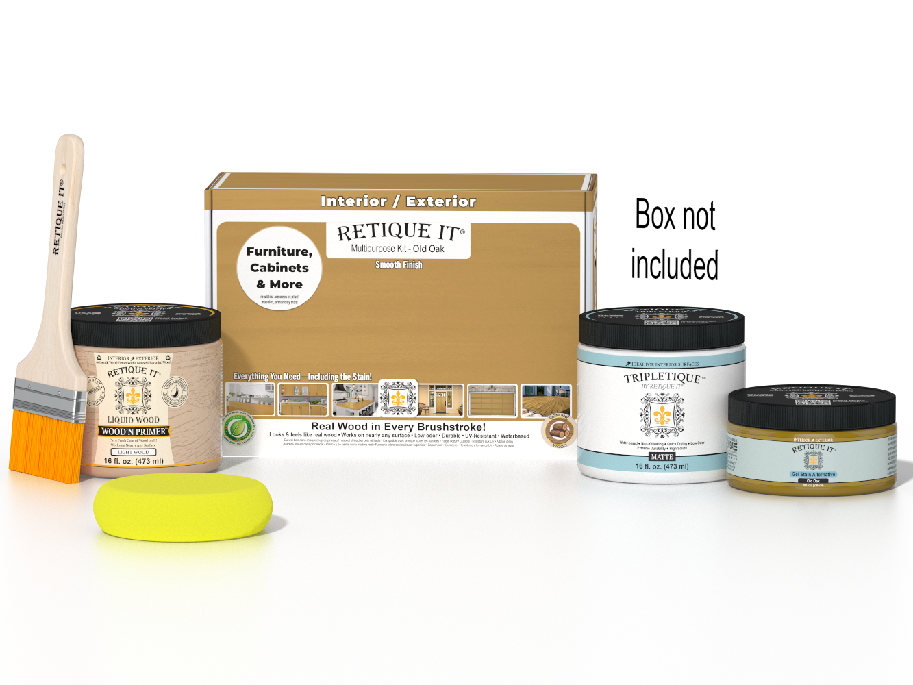 Retique It® Old Oak Brush-On Kit shown with the Old Oak Multipurpose Kit box, brush, Light Wood primer, Old Oak Gel Stain Alternative, Matte TripleTique® top coat, and a yellow sponge.