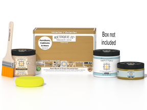 Retique It® Old Oak Brush-On Kit shown with the Old Oak Multipurpose Kit box, brush, Light Wood primer, Old Oak Gel Stain Alternative, Matte TripleTique® top coat, and a yellow sponge.
