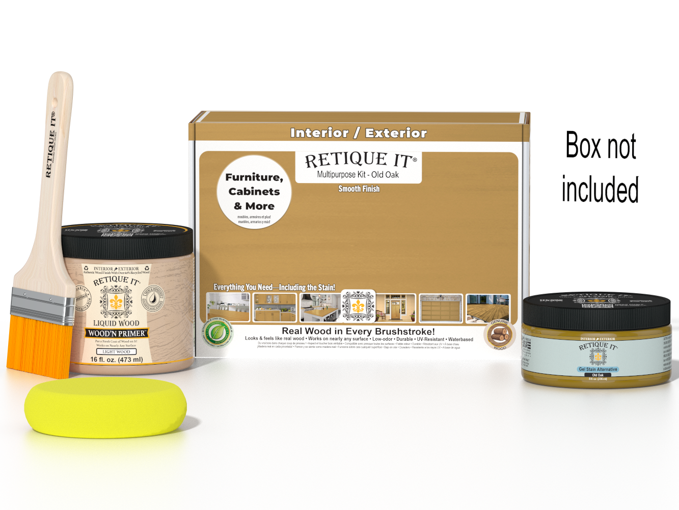 Retique It® Old Oak Brush-On Kit with Matte PolyTique® includes a brush, Light Wood primer, Old Oak Gel Stain Alternative, Matte PolyTique® top coat, and a yellow sponge.