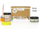 Retique It® Old Oak Brush-On Kit with Matte PolyTique® includes a brush, Light Wood primer, Old Oak Gel Stain Alternative, Matte PolyTique® top coat, and a yellow sponge.