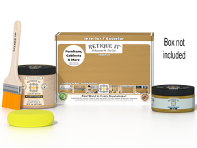 Retique It® Old Oak Brush-On Kit with Matte PolyTique® includes a brush, Light Wood primer, Old Oak Gel Stain Alternative, Matte PolyTique® top coat, and a yellow sponge.
