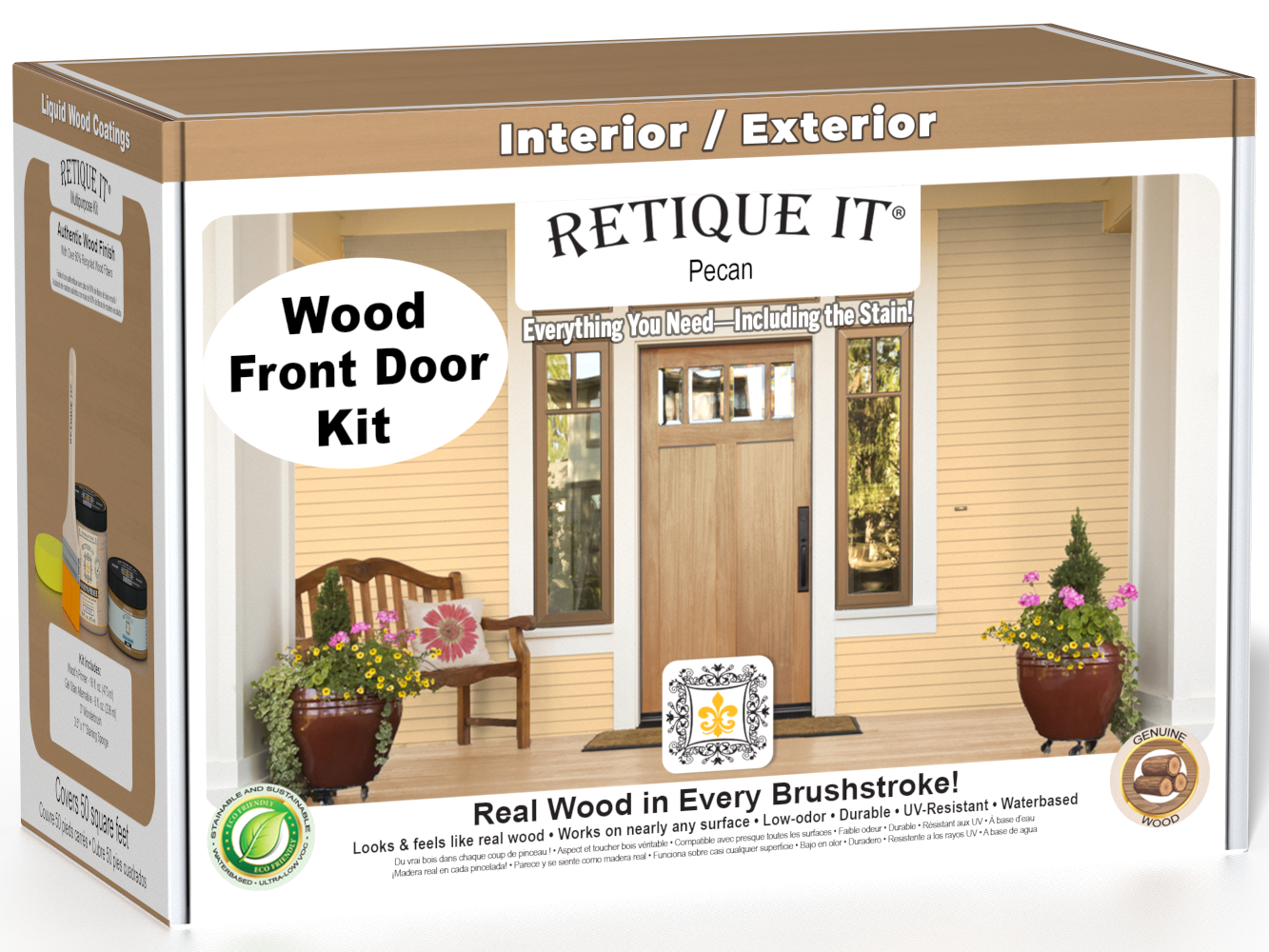 Retique It Wood'n Door smooth finish stain kit in Pecan for front doors, highlighting the natural wood grain and rich Pecan color.