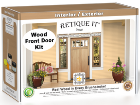 Retique It Wood'n Door smooth finish stain kit in Pecan for front doors, highlighting the natural wood grain and rich Pecan color.