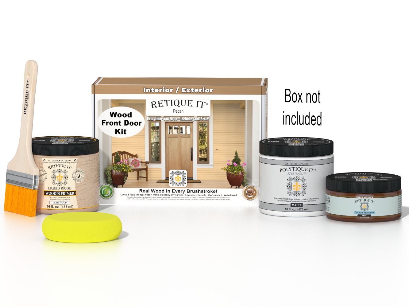 Retique It Wood'n Door Smooth Finish Kit in Pecan stain with front door sample, highlighting the natural wood tone and smooth finish.