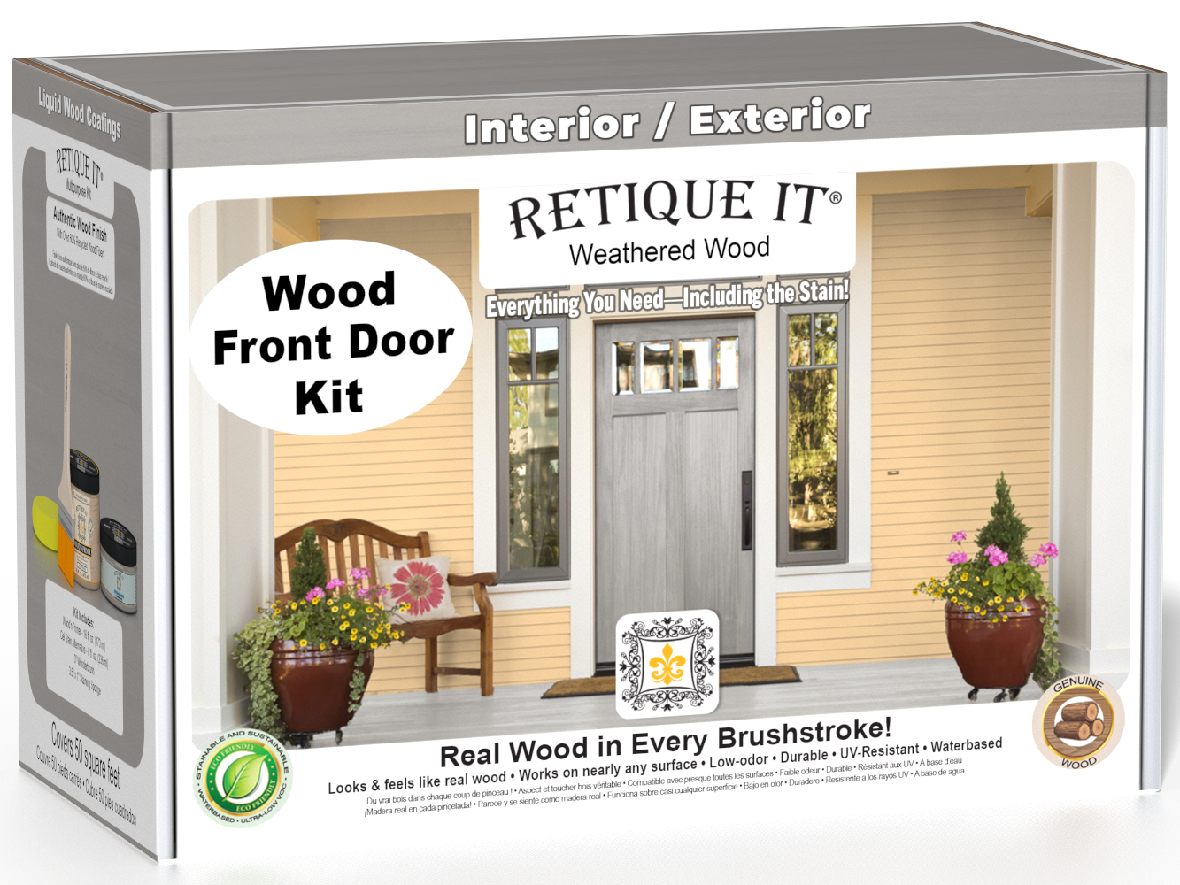 Retique It Wood'n Door Smooth Finish Kit in Weathered Wood stain, featuring a front door with weathered wood appearance.
