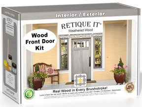Retique It Wood'n Door Smooth Finish Kit in Weathered Wood stain, featuring a front door with weathered wood appearance.