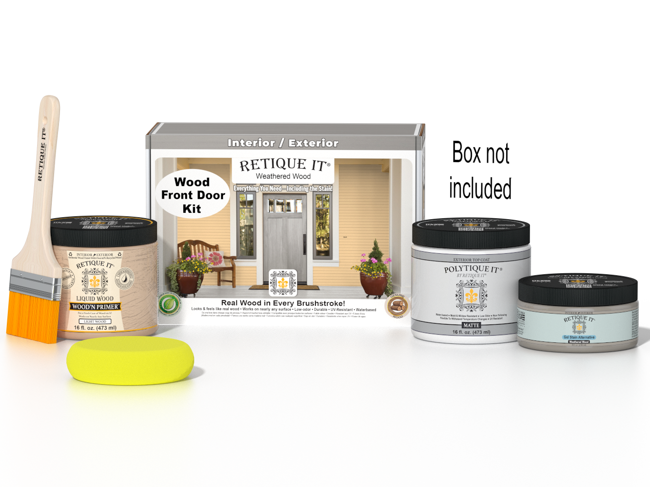 Retique It Wood'n Door Weathered Wood stain kit, smooth finish, shown on front door with weathered wood appearance