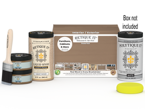Retique It® Large Barn Wood Multi-purpose Smooth Finish Kit with exterior top coat in matte, includes application tools and box.
