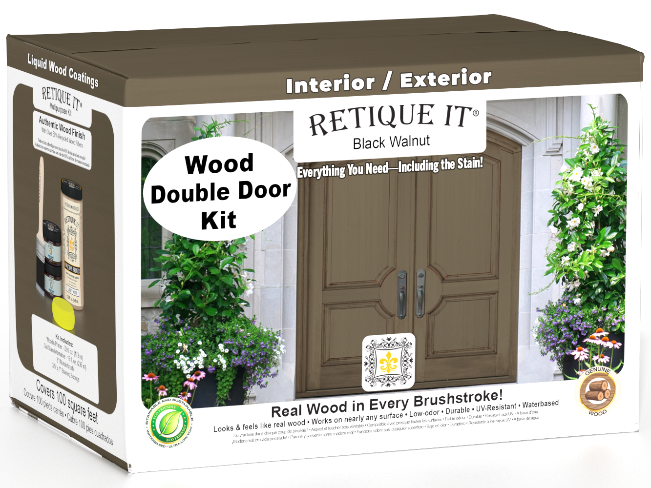 Black Walnut stain kit for double doors, Wood'n Door Smooth Finish Kit by Retique It, showing a finished black walnut door surface.