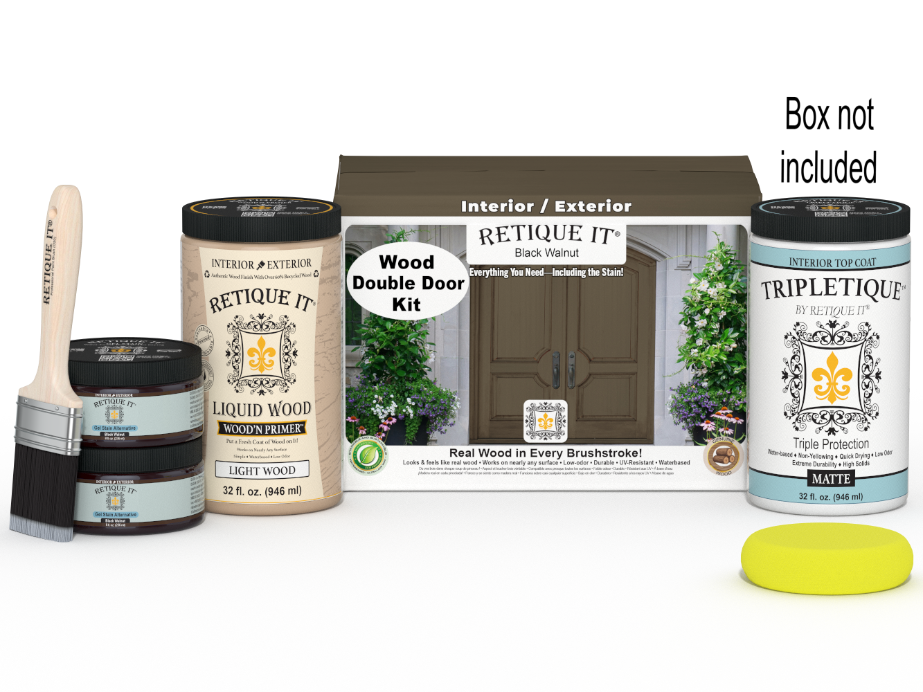 Retique It Wood'n Door Black Walnut stain kit for double doors, featuring smooth finish and stain bottles with applicator tools.
