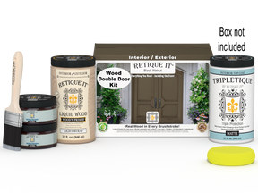 Retique It Wood'n Door Black Walnut stain kit for double doors, featuring smooth finish and stain bottles with applicator tools.